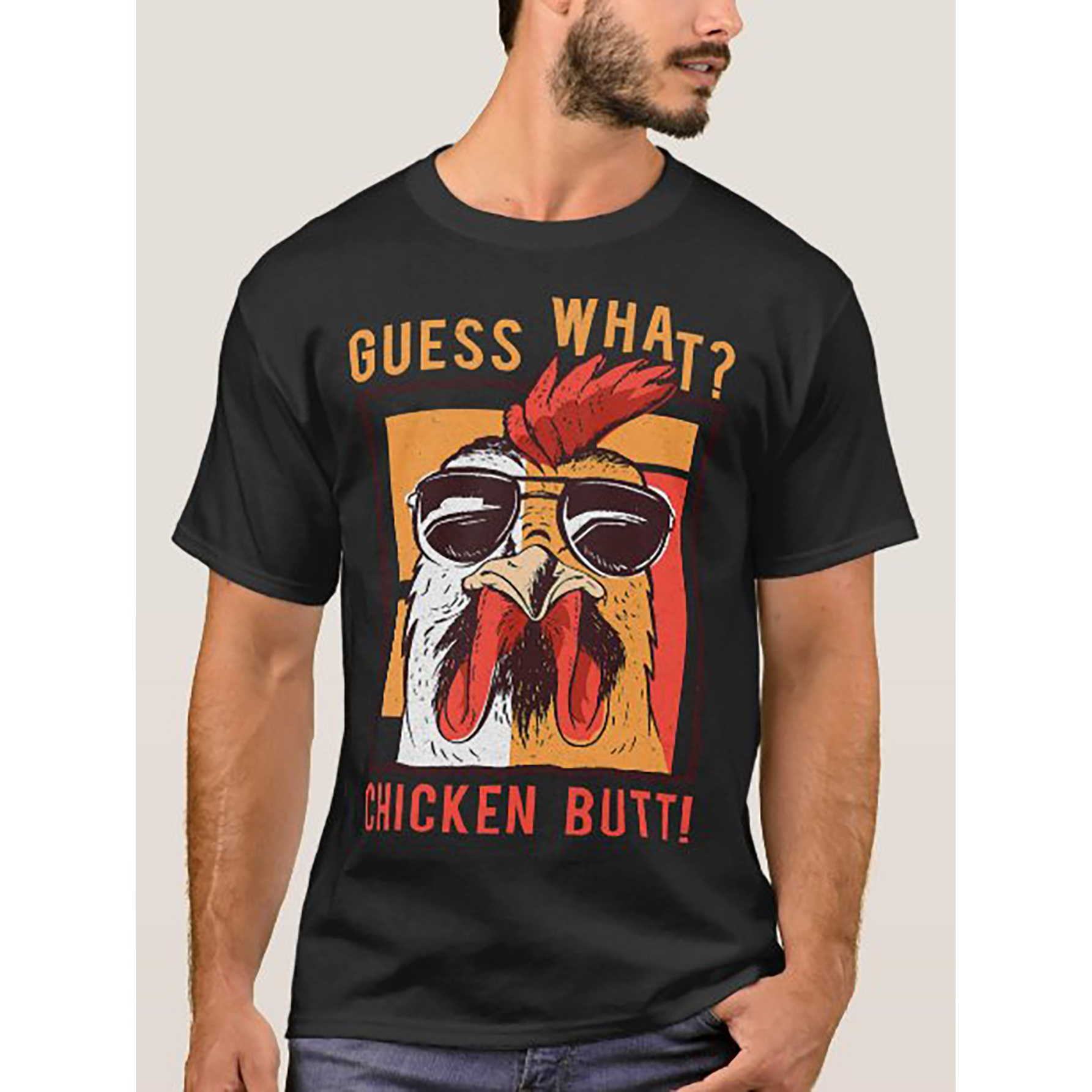 

Guess What Chicken Butt!" - Humorous Men's Cotton T-shirt With Cartoon Rooster Graphic, Casual Short Sleeve Crew Neck, Breathable & Stretchy Fabric For All