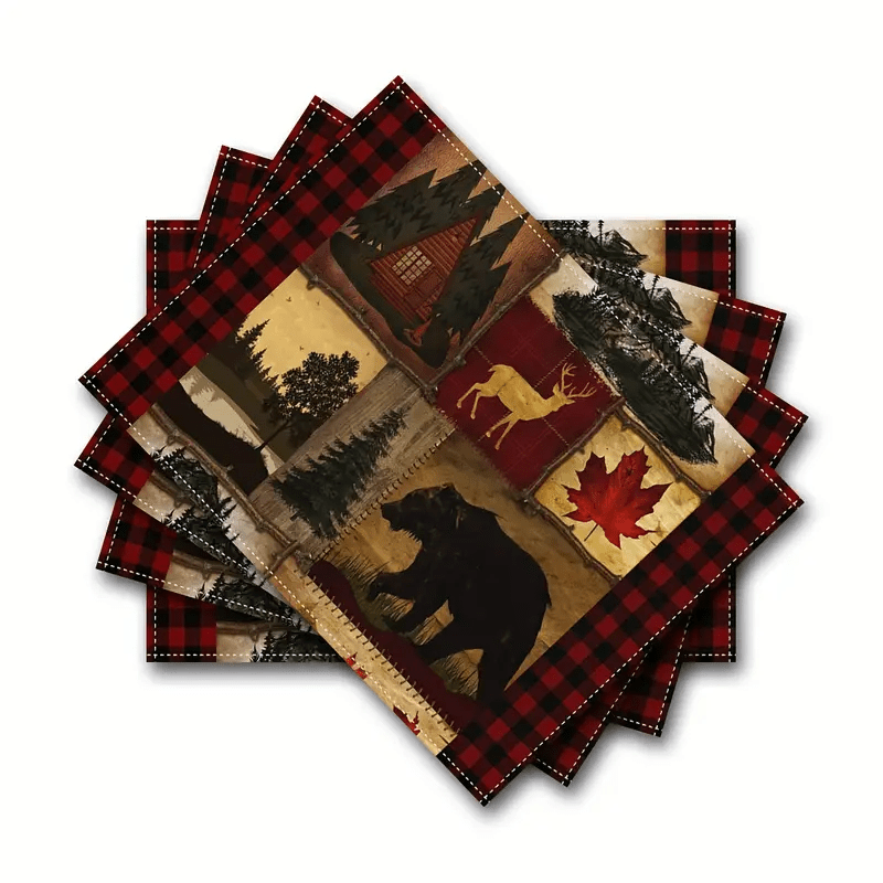 

Rustic Style 4-pack Table Mats, Vintage Forest Deer Scene, Checkered Bear Cabin Pattern, Machine Washable Polyester Rectangular Placemats For Country Kitchen Decor