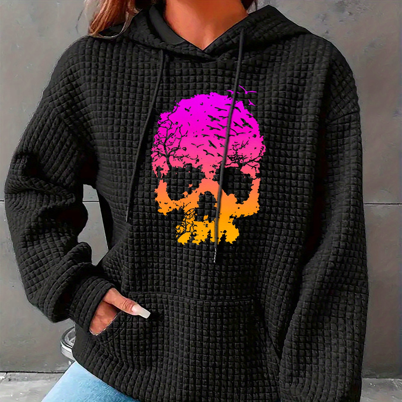 

Halloween Skull Print Waffle Lounge Top For Fall & Winter, Long Sleeve Hooded Drawstring Pullover Sweatshirt With Kangaroo Pockets, Women's Clothing