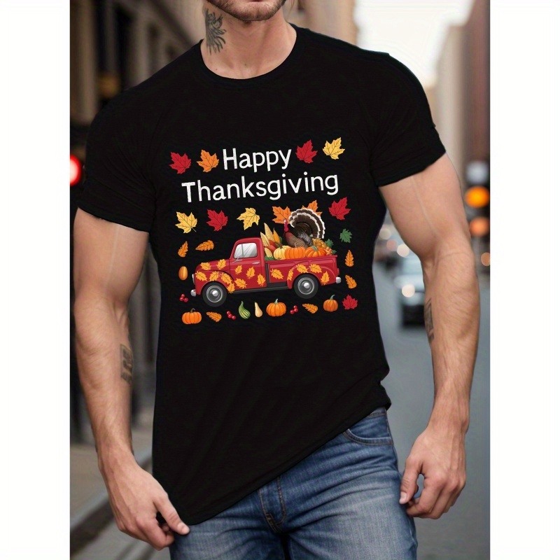 

Thanksgiving Turkey Truck Graphic T-shirt For Men - 100% Polyester, Casual Crew Neck, Slight Stretch, Short Sleeve Tee With Geometric Fall Design