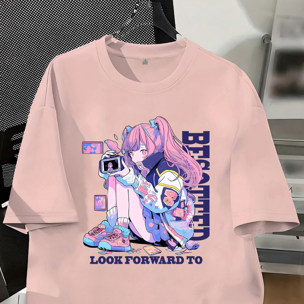 

T-shirt décontracté à imprimé graphique d'anime pour femmes - 100 % tissu tricoté en polyester, col rond, haut à manches courtes - Style confortable toutes saisons