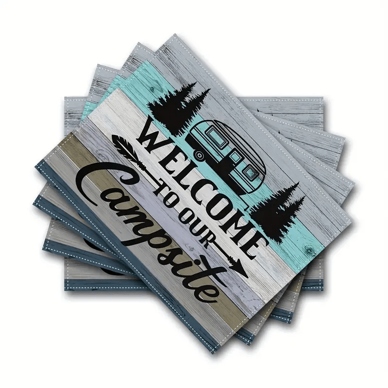 

4-pack Rustic Camping Placemats, "welcome To Our " Design, Washable Polyester Table Mats, Rectangular, Machine Washable, Kitchen & Dining Decor, Rv & Travel Trailer Accessories