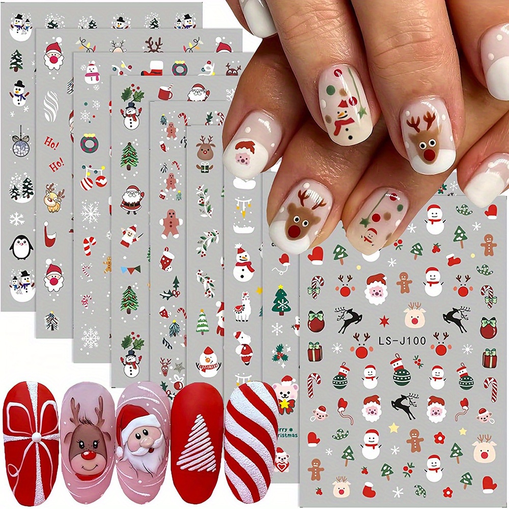 TEMU hojas de pegatinas festivas para decoración de uñas con diseños 3D autoadhesivos de Papá Noel, árboles de Navidad, muñecos de nieve y renos,