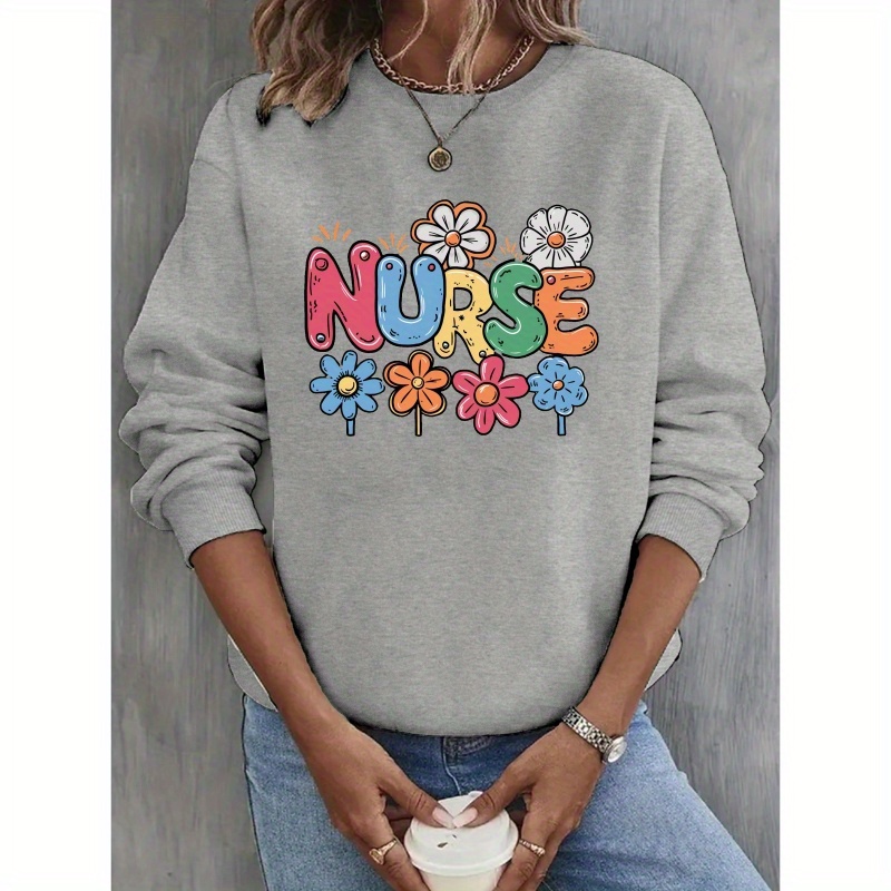 

Women's Casual Crew Neck Sweatshirt - 100% Polyester Knit Fabric With Geometric Nurse Pattern And Floral Design For Fall/winter