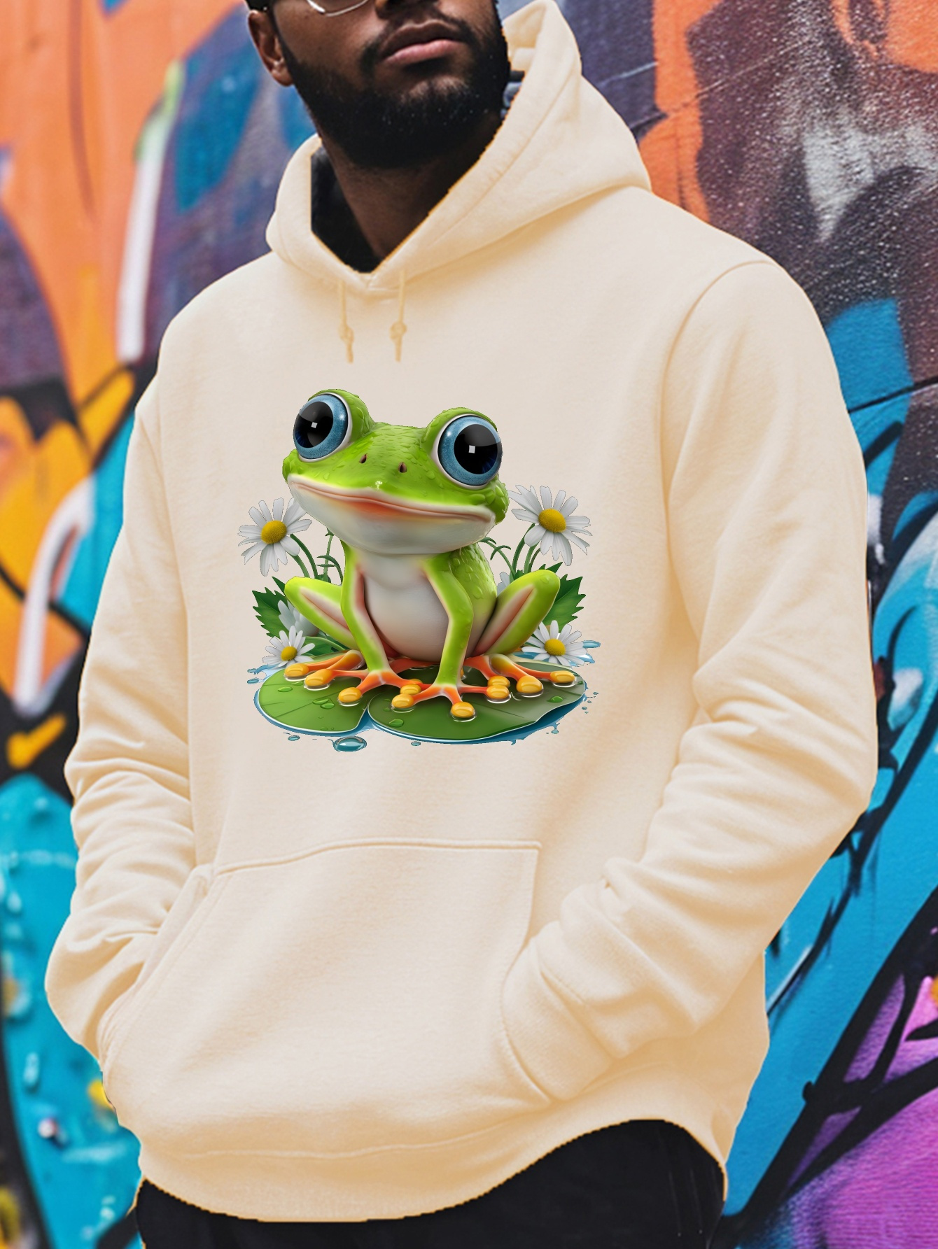 Frog Print Hoodie Sweatshirt for Men Casual Long Sleeve Pullover with  Hood, Polyester Knit Fabric, Regular Fit, Trendy Ideal for Aut