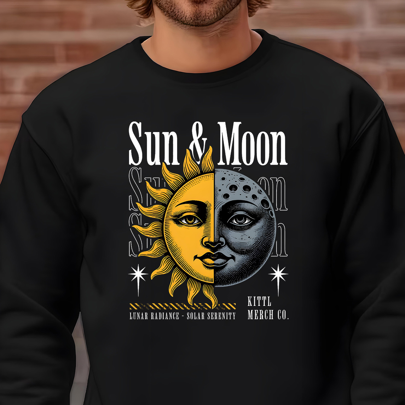 

Sun & Moon Graphic Print Sweatshirt - Men's Regular Fit Polyester Knit Crew Neck Sweater With Slight Stretch, Alphabet Pattern Street Style - Comfortable Casual Wear For Spring/autumn