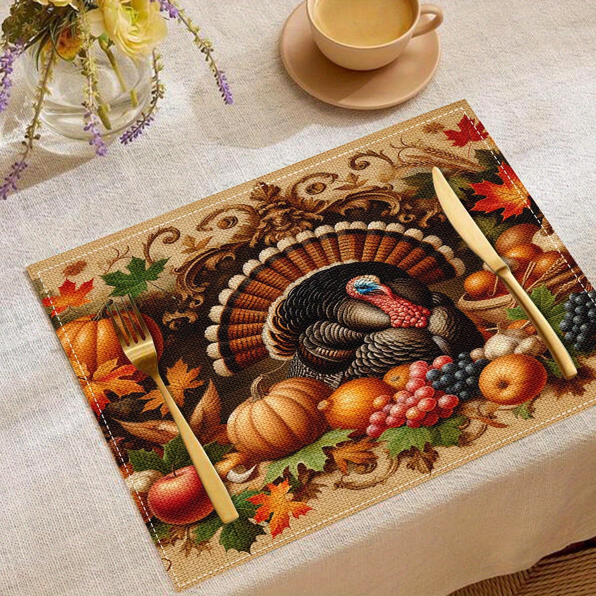 

Open 2/4pcs Thanksgiving , Fashionable Linen Placemats, Restaurant Heat Resistant, Placemats, Home Table Decoration, Kitchen Party Holiday Decoration Washable Placemats