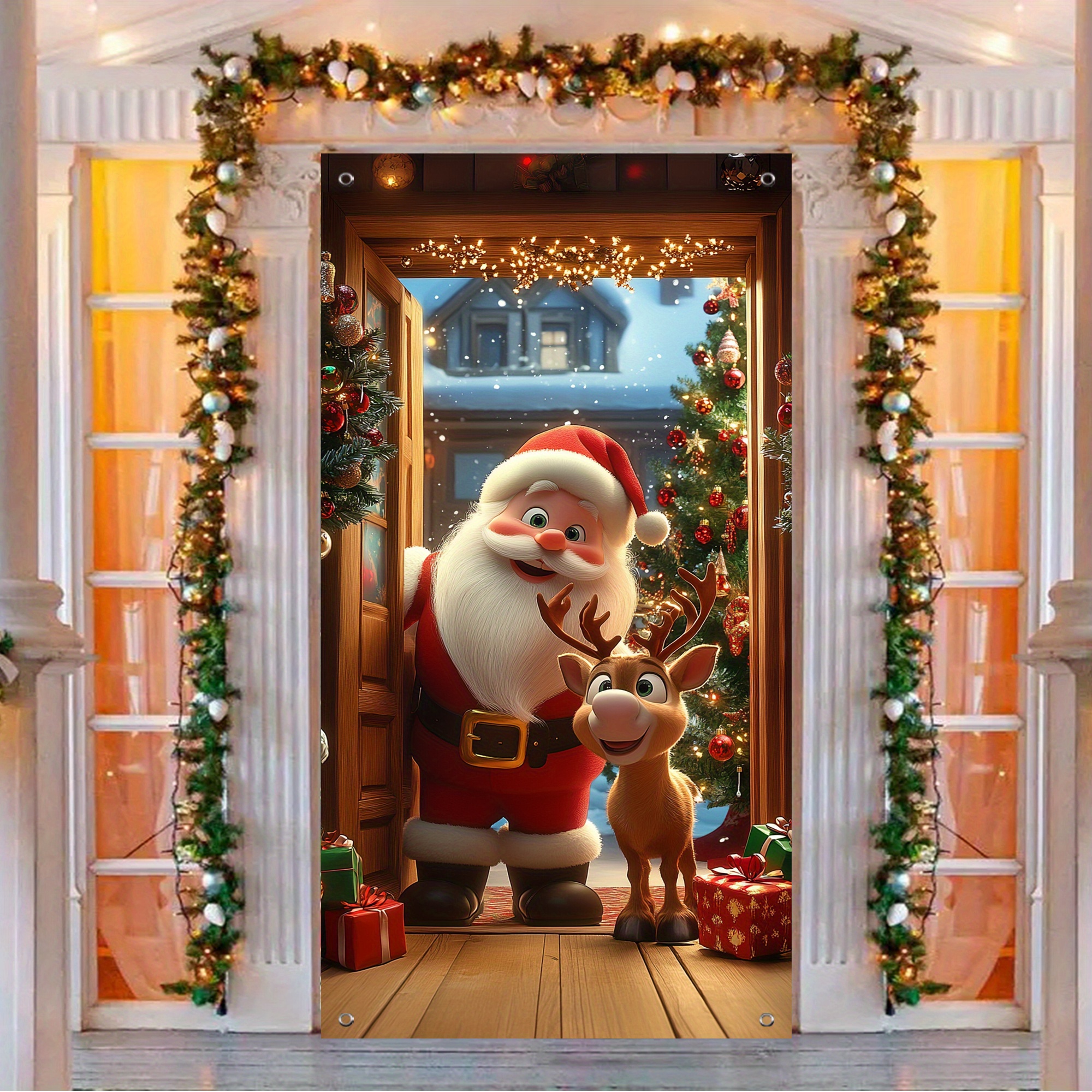 

1pc Polyester Christmas Door Banner With Santa And Reindeer, Festive House Decoration, No Power Needed, Fits General Doorways - Winter Holiday Party Decor (35.4" X 70.8")