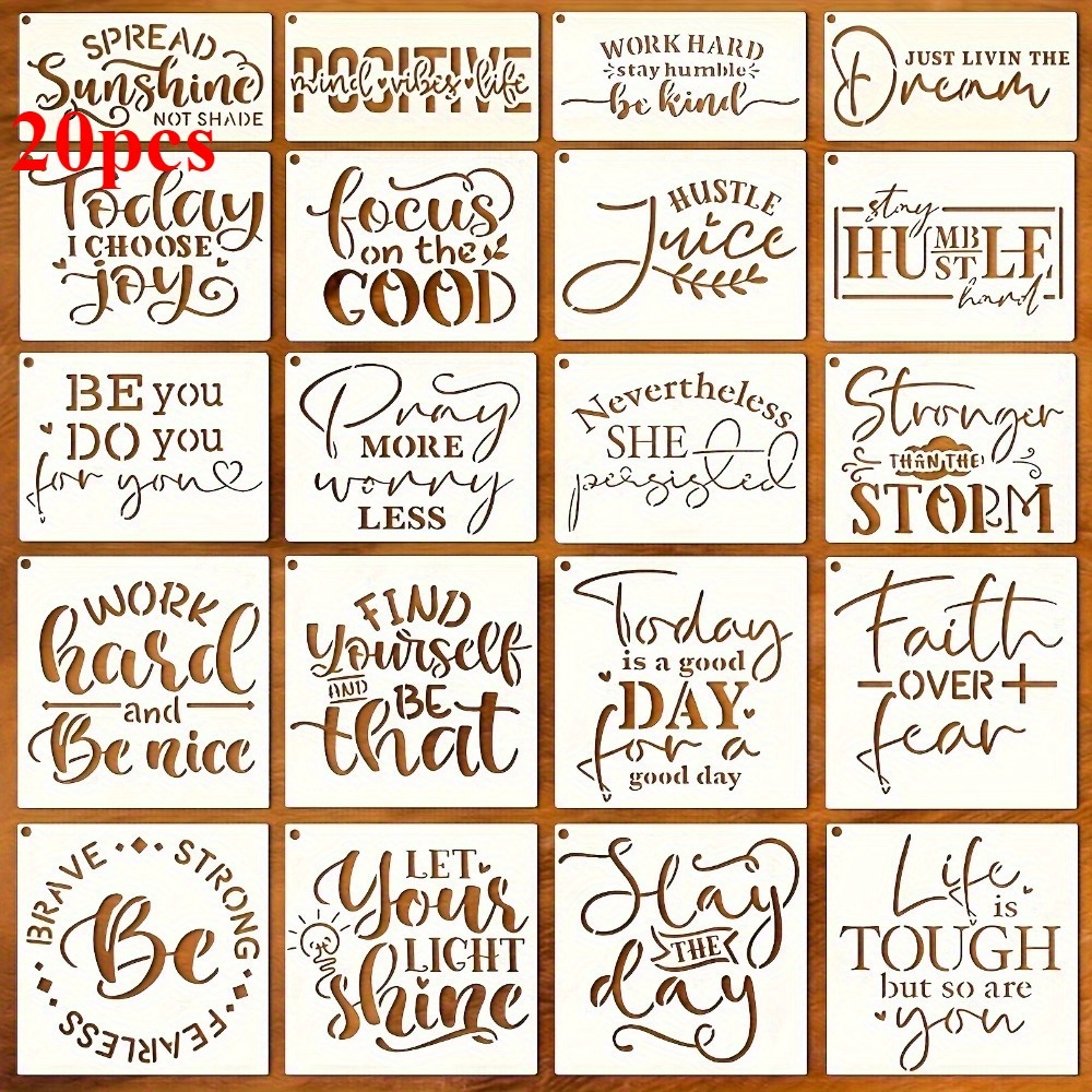 

20pcs Word Templates For Drawing On Signage Fabrics, Reusable Art Craft Templates For Welcoming Farmhouse Burning And Inspiring, Used For Making Shirts, Home Furniture, Wall Cards