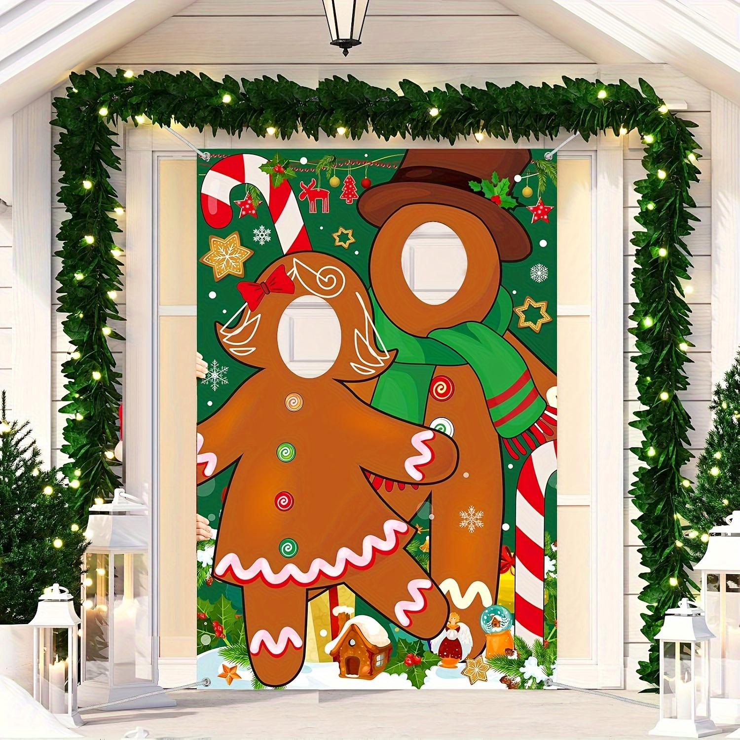 

Gingerbread Man Photo Booth Backdrop - 39x59 Inch Vinyl Banner With Face Cutouts For Christmas Party Decoration, Indoor & Outdoor Use, No Electricity Needed, Featherless - 1 Piece