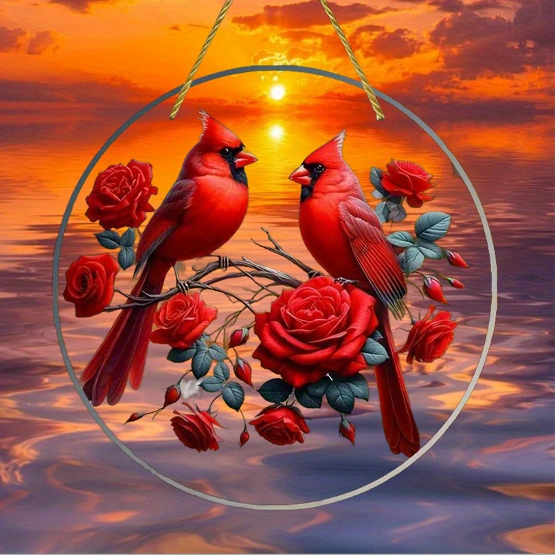 

2d Flat, 2d Flat Sun - Acrylic Red Bird Window Hanger, Circular Wreath Decor, Window Wall Door Decoration - Home & Garden & Porch, Ideal Holiday Gift, 2 Sizes Optional