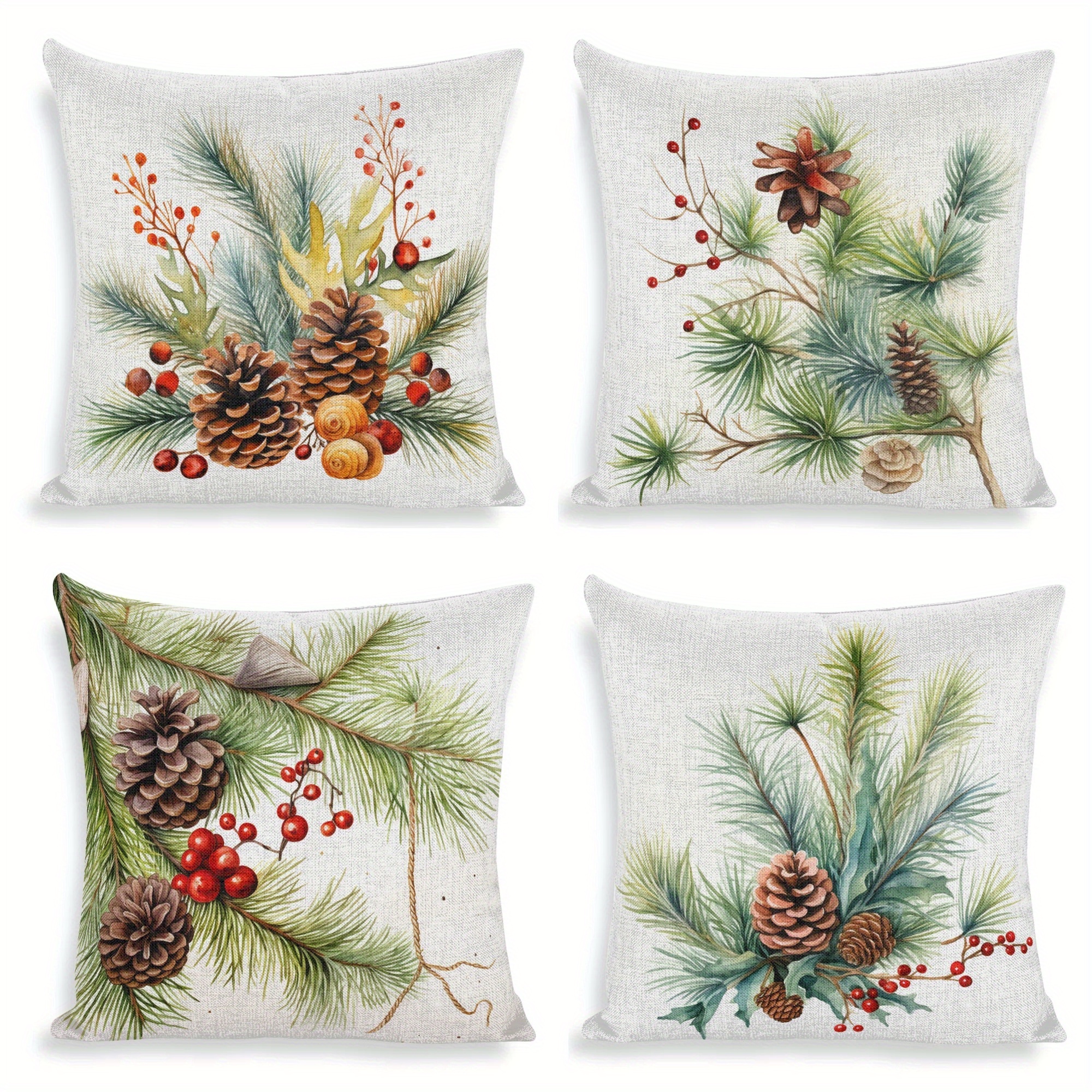 

4pcs, Winter Christmas Pine Branches And Cones, Decorative Pillow Pillowcase 18x18 Inch Square Pillow Cushion Cover Suitable For Sofas, Chairs, Beds, Bedrooms, Cars, Living Rooms, Offices