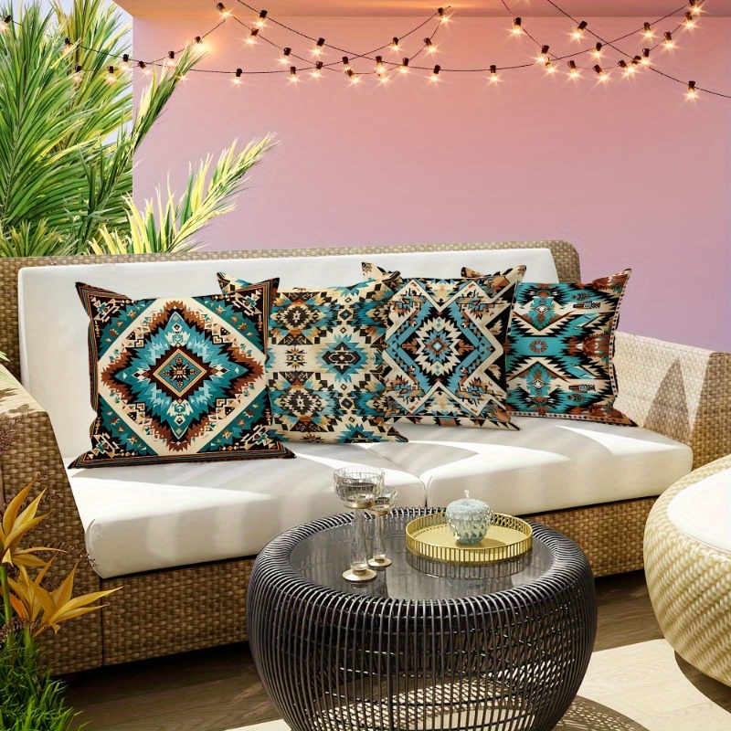 

Vintage Bohemian Geometric Pattern Throw Pillow Covers, Set Of 4, Woven Polyester, Zippered, Machine Washable, Decorative Cushion Cases For Living Room, Outdoor, Patio, 18x18 Inches