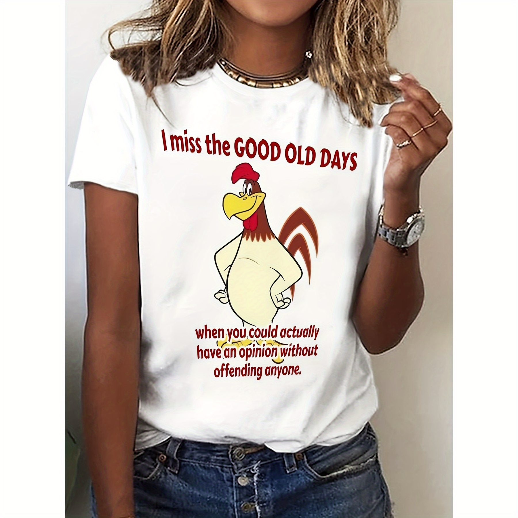 

Large Size Cartoon Chicken And Letter Print T-shirt, Casual Short Sleeve Tops, Women's Plus Size Clothing