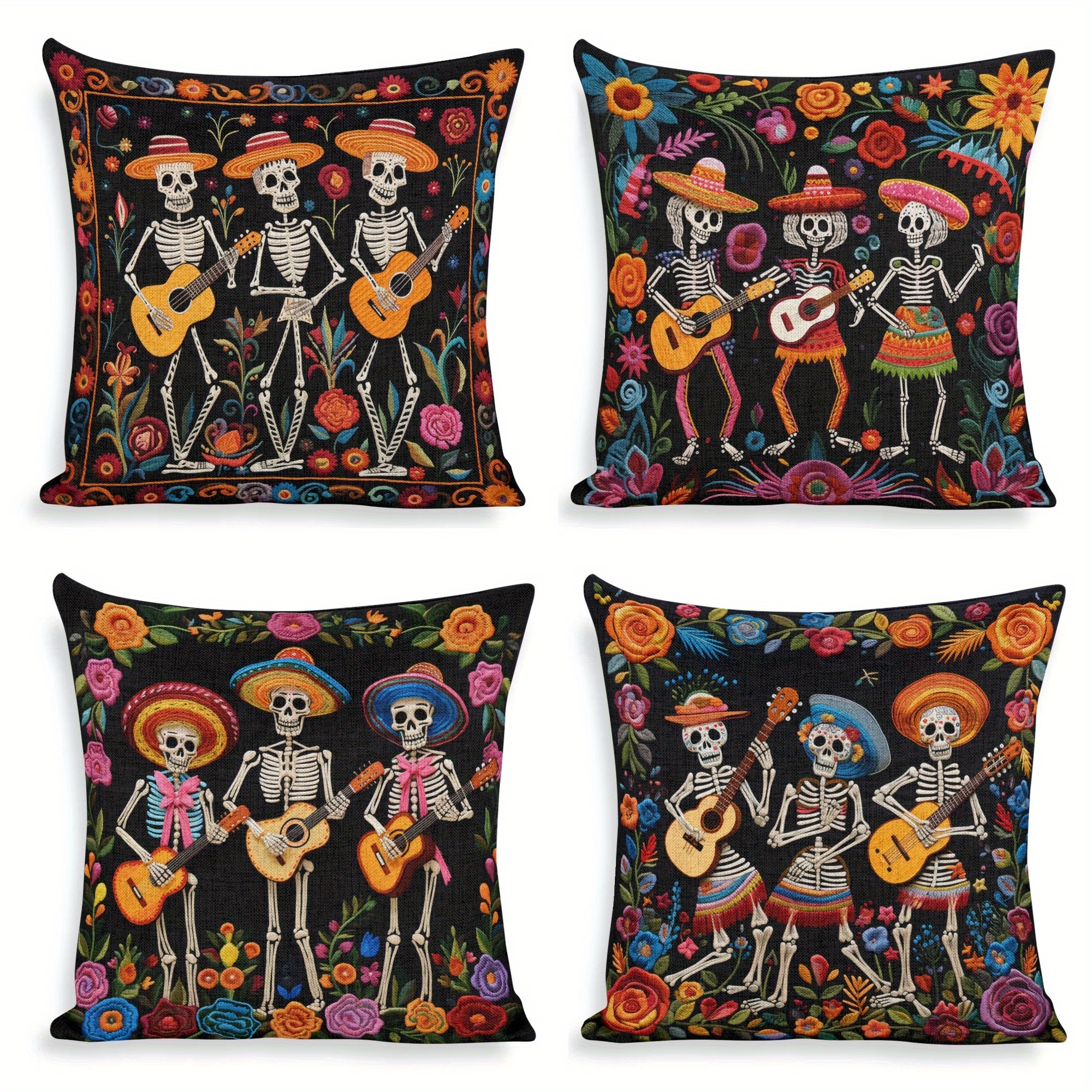 

4pc Contemporary Day Of The Dead Skeleton Guitar Flower Throw Pillow Covers, 18x18 Inch, Hand Washable, Zipper Closure, Woven Linen, Decorative For Sofa, Chair, Bed, Car, Living Room, Office