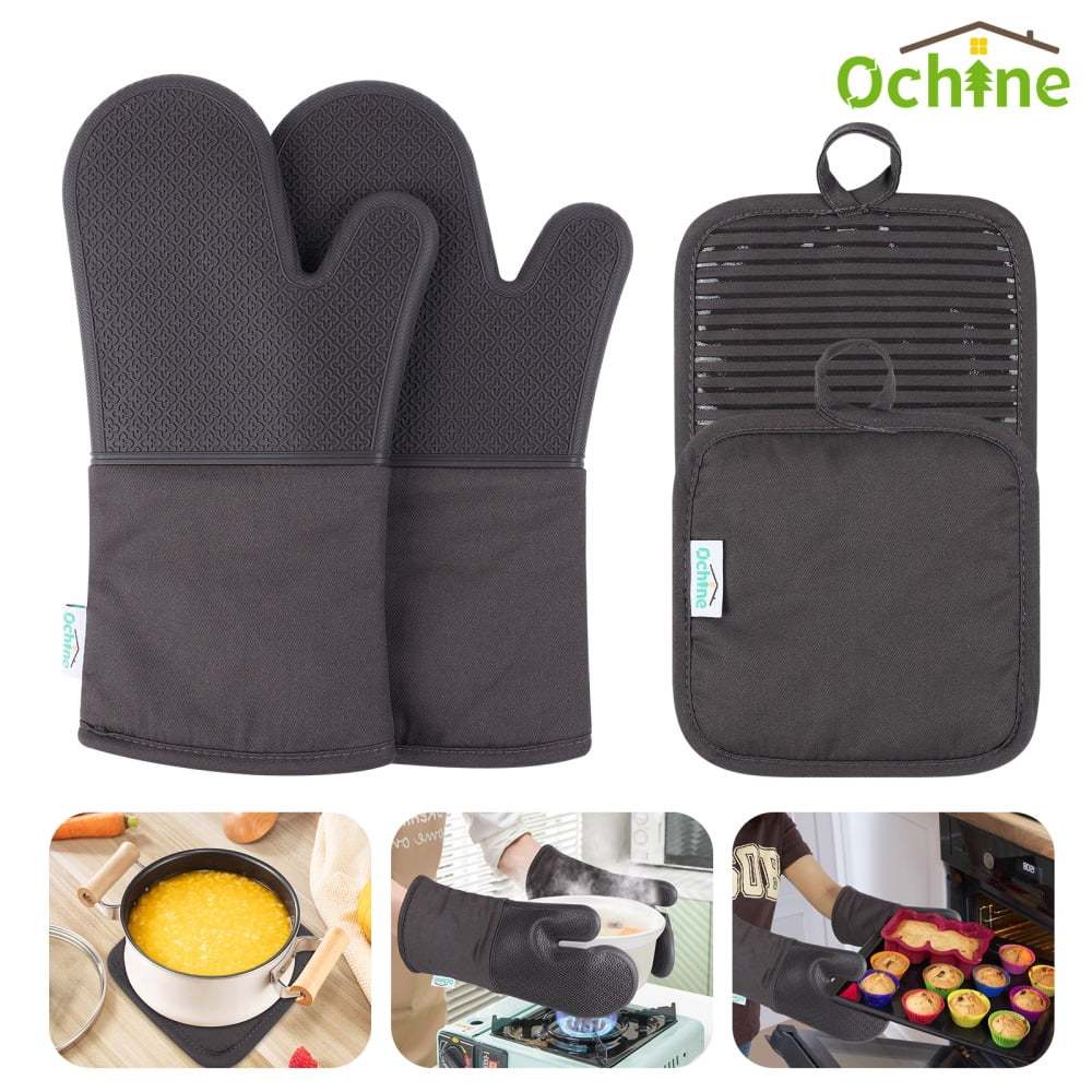 

Heat And Slip Resistant Silicone Oven Mitt And Trivets Set, Waterproof, Cotton Lined Gloves, Bpa-free, Long Cooking Mitts And Trivet Mats, Kitchen Potholder Sets For Pans, 4 Pieces, Gray