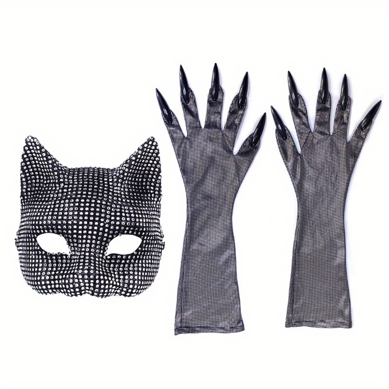 

3- Set Of Diamond Studded Decorative Masks, Cat Paw Gloves, , Including Diamond Cat Masks And Gloves, Suitable For Makeup Parties And -playing