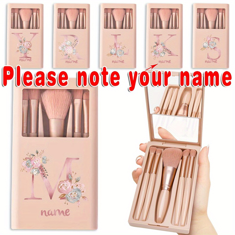 

Customized -piece Makeup Brush Set With Floral Mirror Case - Personalized Pink Letter Motif, Handbag Organizer, Portable Protective Storage Holder With Brushes