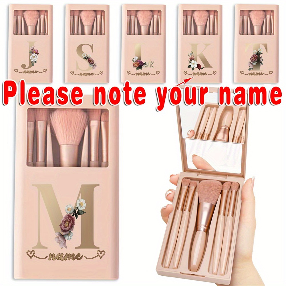 

5pcs Custom Name Makeup Brush Set In Pink - Portable Organizer Case With Mirror, Includes Foundation, Eye Shadow & Blending Brushes - Ideal For Travel & Daily Use, Makeup Brush Holder