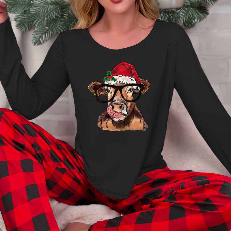 

Christmas Cartoon Cow In Santa Hat Print Crew Neck Knit Pajama Set – Casual Polyester Blend Long Sleeve Top With Red And Black Plaid Pants For Adults – Comfortable Elastic Winter Loungewear Set