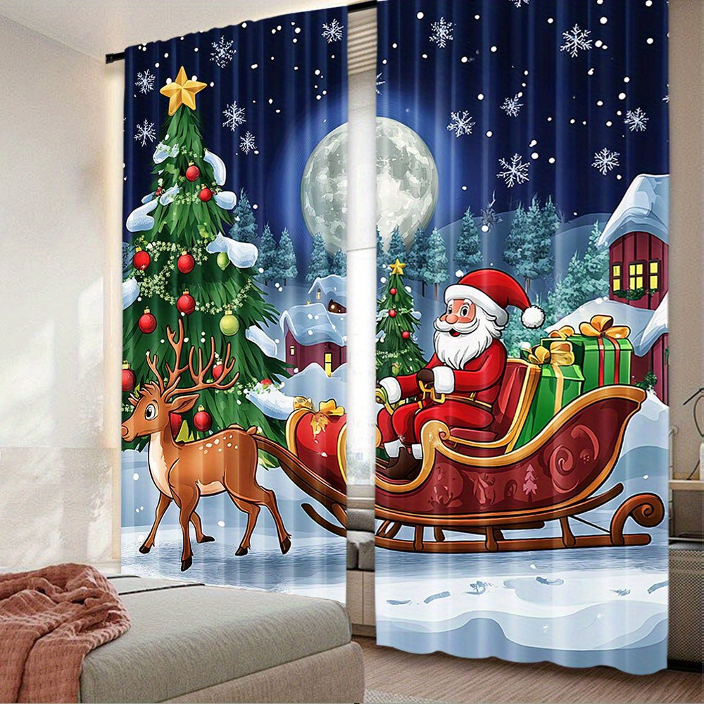 

2pcs Christmas Curtain Set - Santa, Reindeer & Scene | Rod For Easy Hanging | Living Room, Bedroom, Kitchen & Bathroom Decor