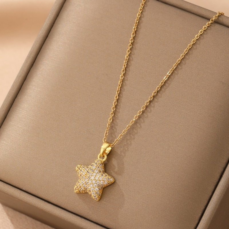 

Elegant Golden-tone Stainless Steel Star Pendant Necklace With Sparkling Cubic Zirconia - Vintage Hip-hop Style, Ideal For Casual Attire, Comes In A Velvet Gift Bag, Hip Hop Necklace