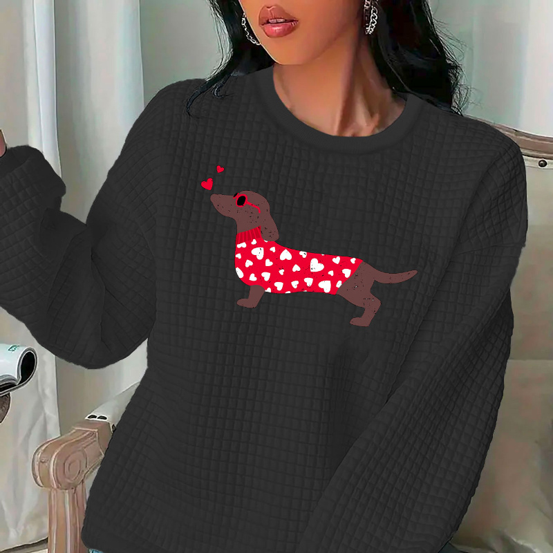 

Dachshund Print Waffle Lounge Top For Fall & Winter, Long Sleeve Crew Neck Pullover Sweatshirt, Women's Loungewear For German Festival