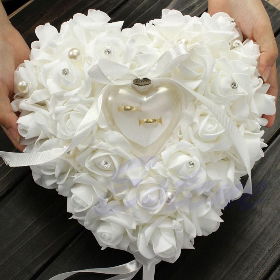 

Wedding Ring Pillow White Ring Polypropylene Pillow Pearl Lace Crystal Rose Ring Box Ring Holder For Wedding Proposal Anniversary