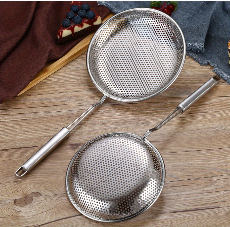 stainless steel colander set multi size hanging strainer for draining frying and cooking   metal slotted serving spoons with flat bottoms details 2