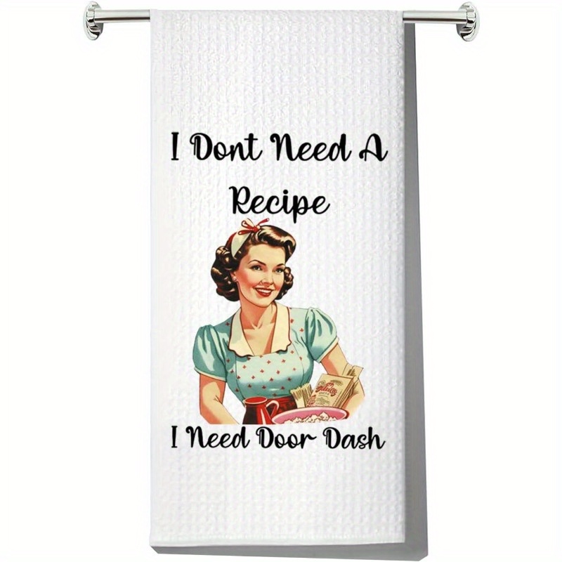 

Chic Vintage 50's Kitchen Towel - ' Need A Recipe, I Need A Door Stop' Design - Polyester, Machine Washable - Drying Dishes & Decorating, 18x26 Inches