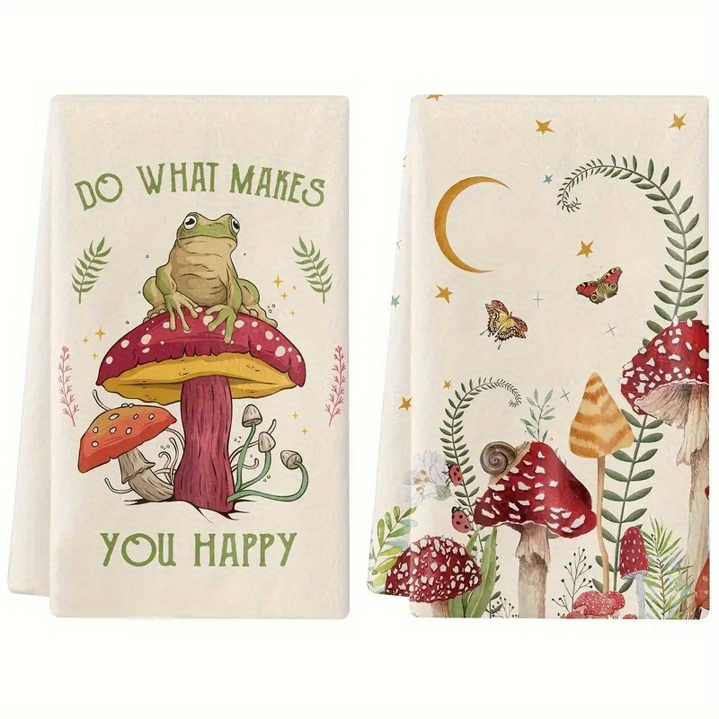 

2pcs Mushroom Pattern Dish Towels - Quick-dry, Lightweight Kitchen & Bathroom Hand Towels, Farmhouse Decor, Machine Washable, 18x26 Inches