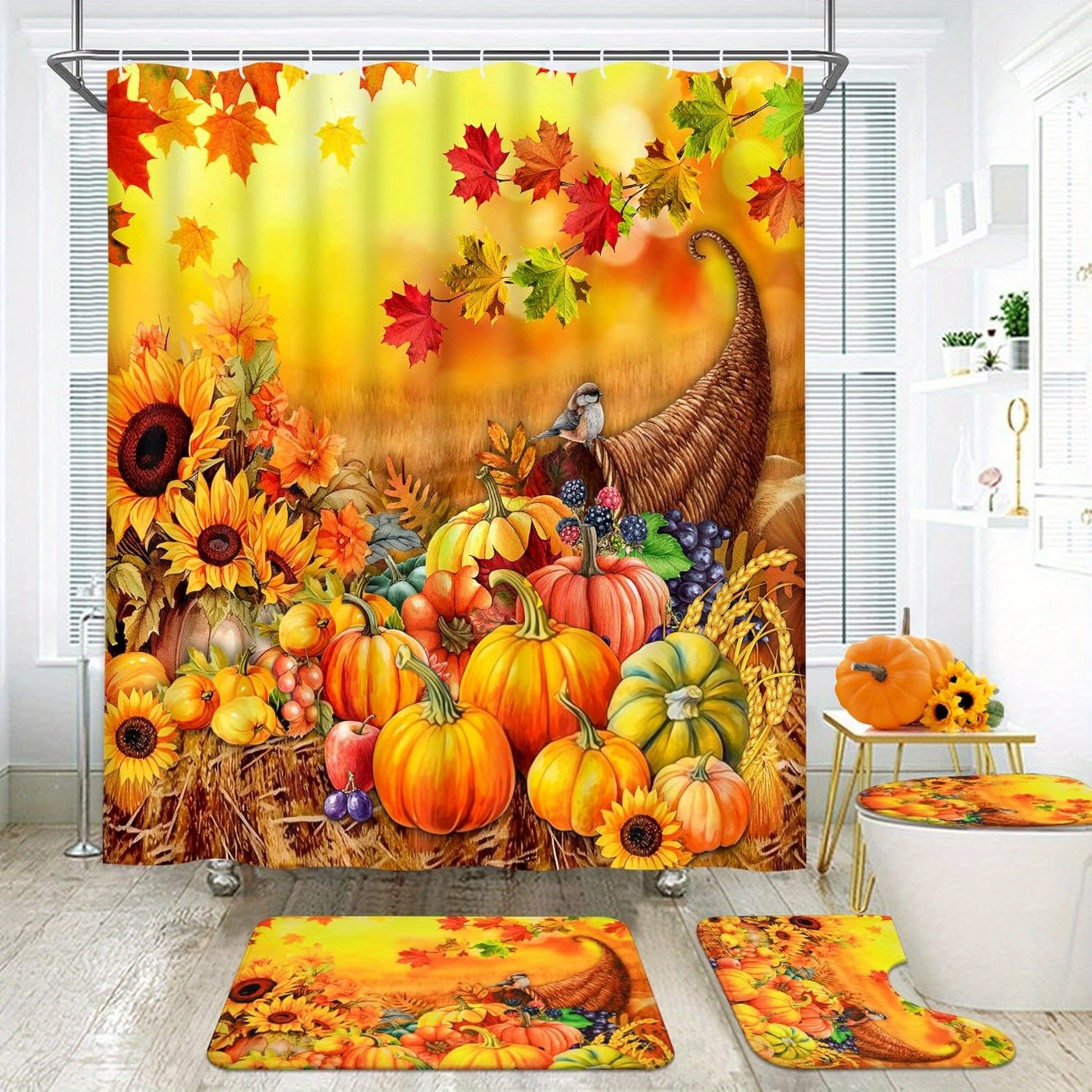 

4pcs Fall Shower Curtain Rugs, Lid And Bath Mat, Shower Curtain 12 , Bathroom Shower Curtain