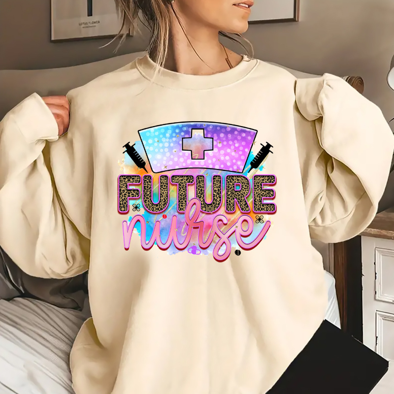 

Women's Fashion Printed Sweatshirt, Casual Knit Fabric, Polyester, Round Neck, Geometric Pattern, All-season, "future Nurse" Graphic, Available In Multiple Colors