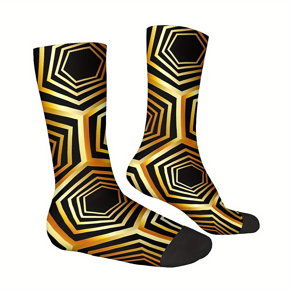 

Men's Mid-calf Crew Socks With Geometric Hexagon Pattern, Breathable Comfort Fit, Polyester And Spandex Blend, Knitted Fabric, Machine Washable - Novelty Fashion Socks For Casual And Outdoor Wear