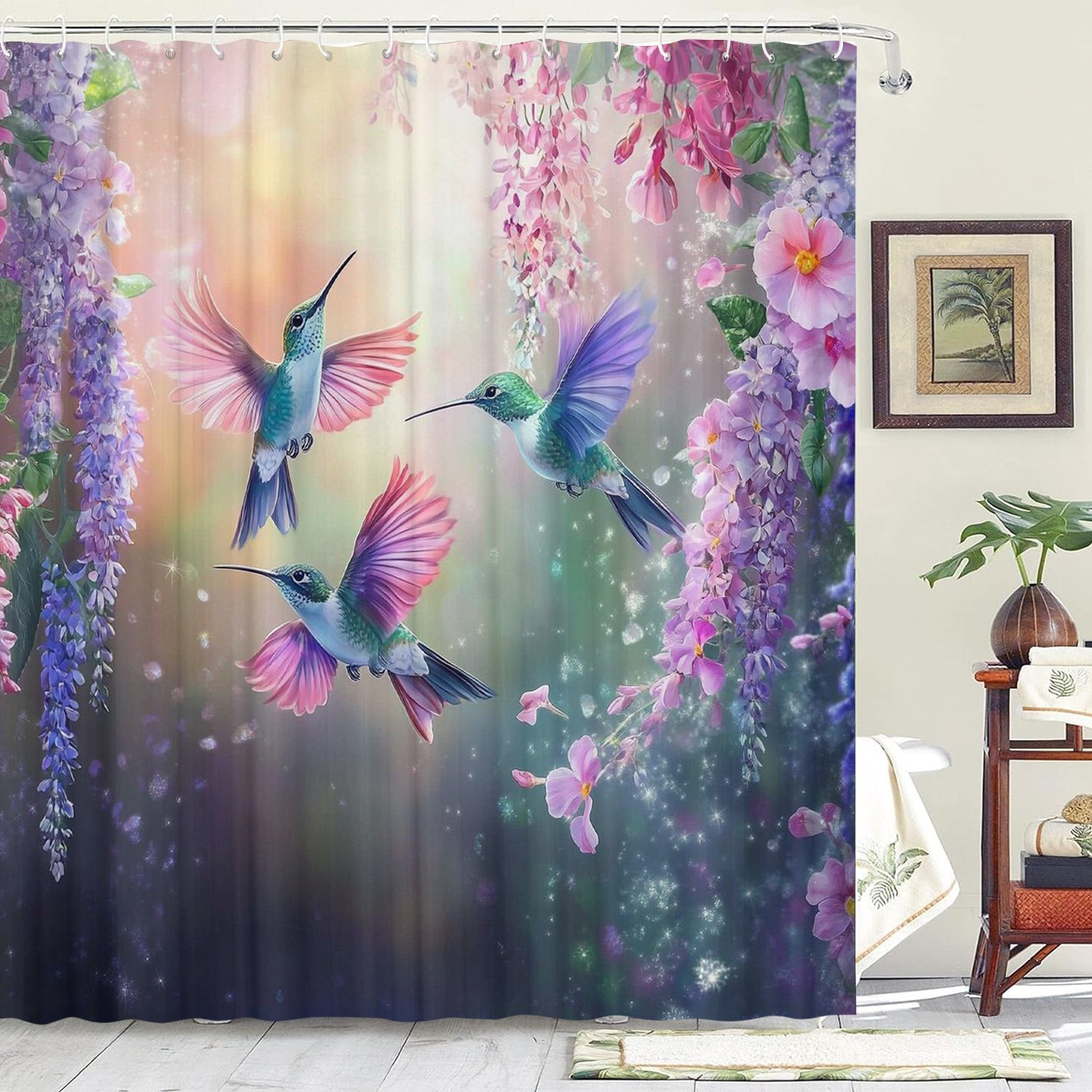 

Water-resistant Shower Curtain With Hummingbird And Floral Design, Non-woven Fabric, Machine Washable, Includes 12 Hooks, Graphic Arts Themed Bathroom Decor