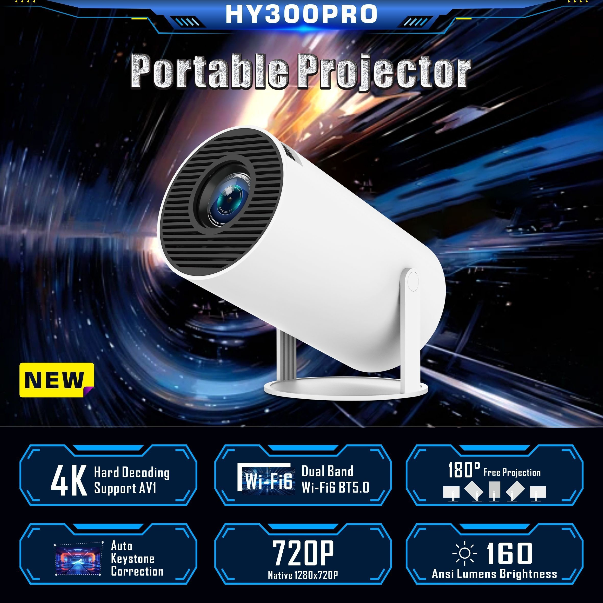 Proyector HY3000 4K 1080P*600P Android 12.0 con WIFI6 y BT5, Soporte 4K 1080P Proyector Portátil  ° Cine Portátil Inalámbrico para el Hogar   detalles 3