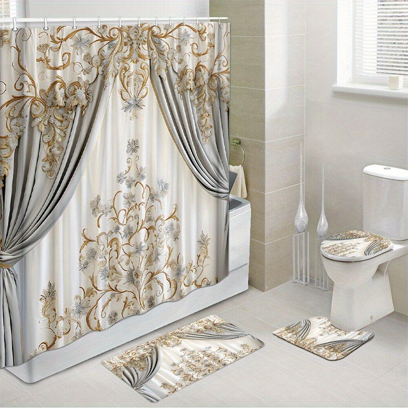 

1pc/4pcs Waterproof Shower Curtain Set With 12 Hooks And Bath Mats Toilet Covers Seat For Bathroom Non-slip Rug Carpet Polyester Fabric Curtain Bathroom Accessories Home Decor (open)