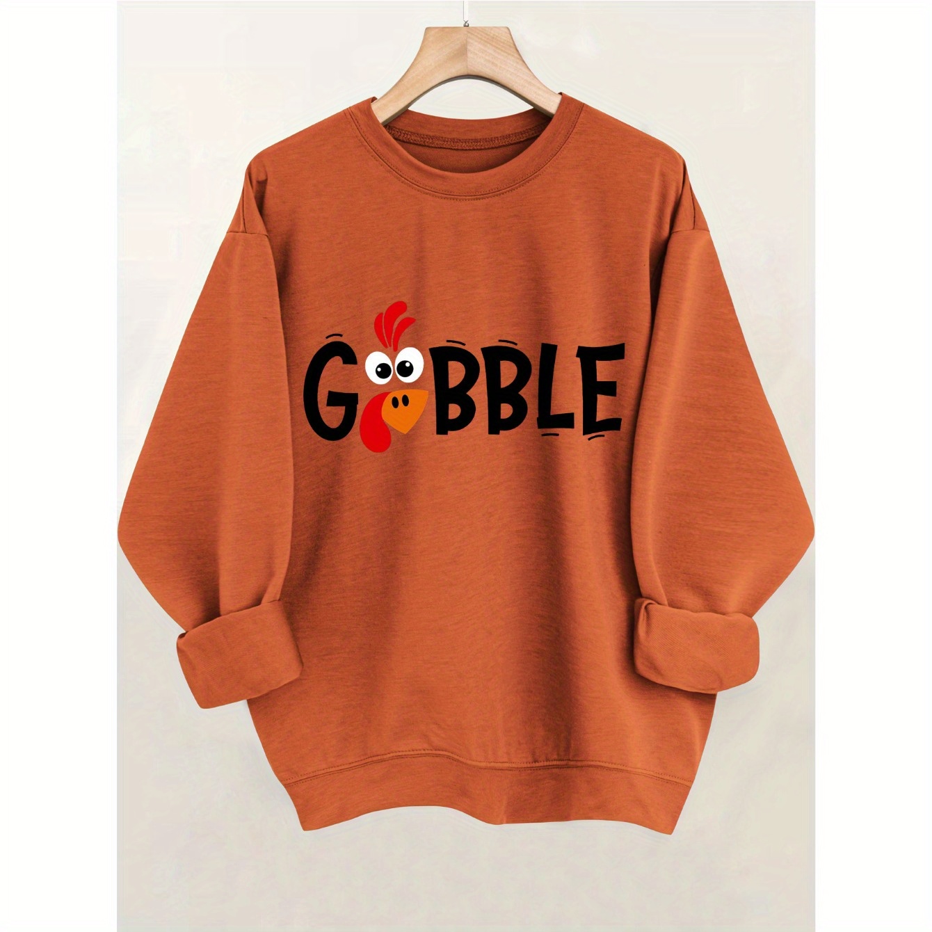 

Thanksgiving Themed Crew Neck Sweatshirt - Casual Knit Polyester Blend With Elastane, Alphabet Pattern & Turkey Graphic, Long Sleeve Pullover For All Seasons