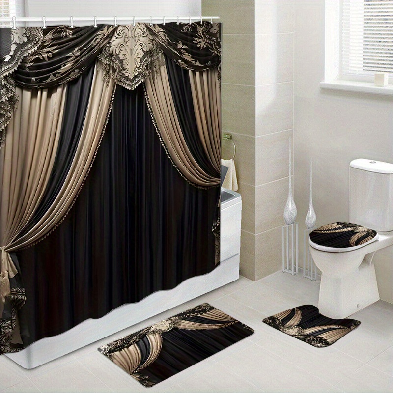 

1pc/4pcs Waterproof Shower Curtain Set With 12 Hooks And Bath Mats Toilet Covers Seat For Bathroom Non-slip Rug Carpet Polyester Fabric Curtain Bathroom Accessories Home Decor