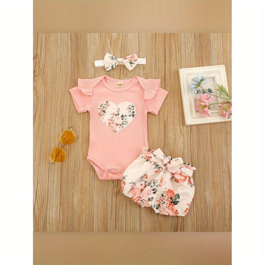 

3pcs Girl Summer Outfit Set - Cute Floral Ruffle Flying Sleeve Romper With Suspender Shorts And Headband, Cotton , , For Outdoor, Girl Clothes, Outdoor