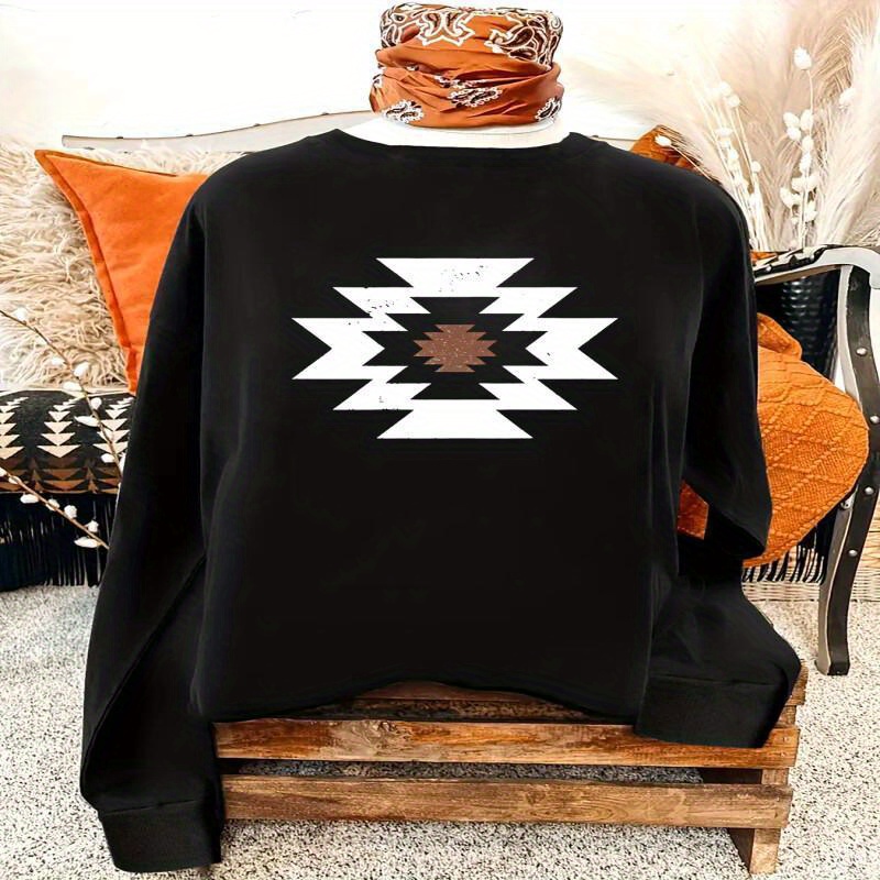 

Geometric Pattern Print Women's Sweatshirt: Casual Long Sleeve Crew Neck For Spring & Fall, Featuring Western Cowboy Design