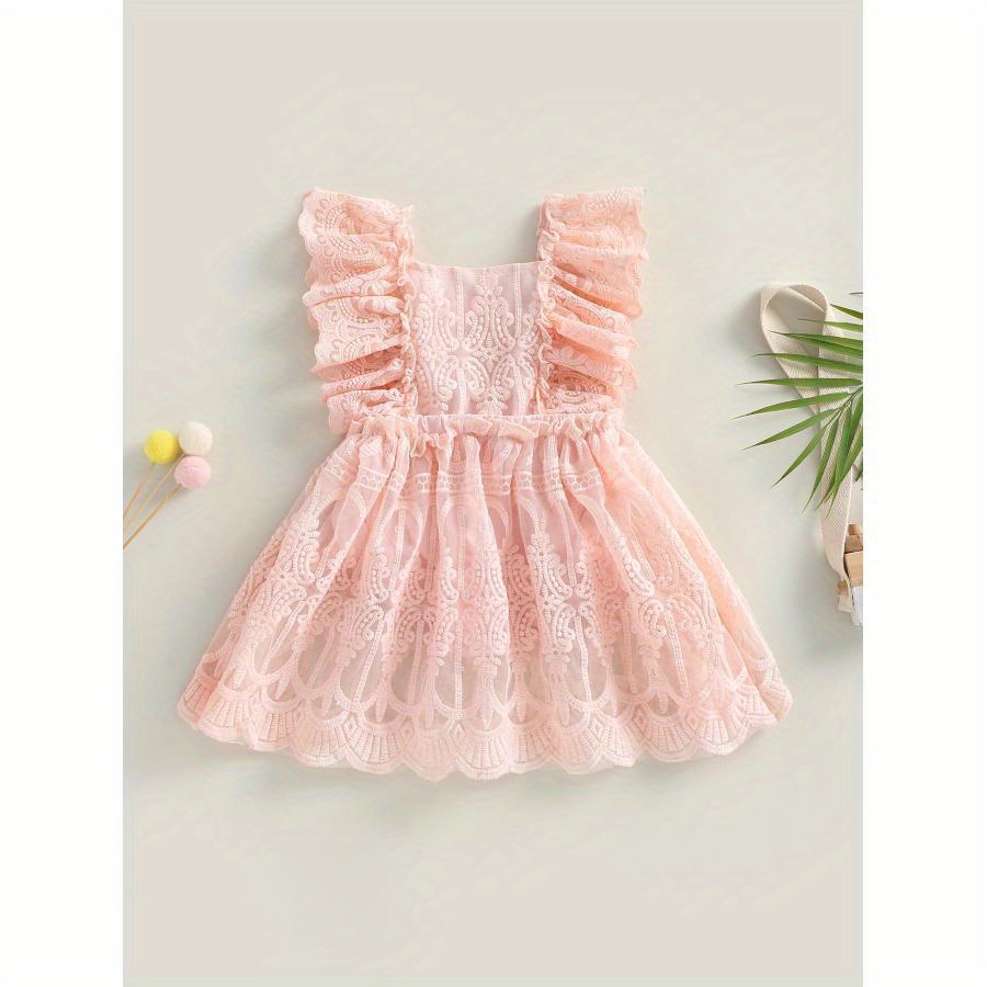 

Baby Girl Summer Lace Romper, Ruffle Sleeve Backless Solid Color Infant Romper Dress