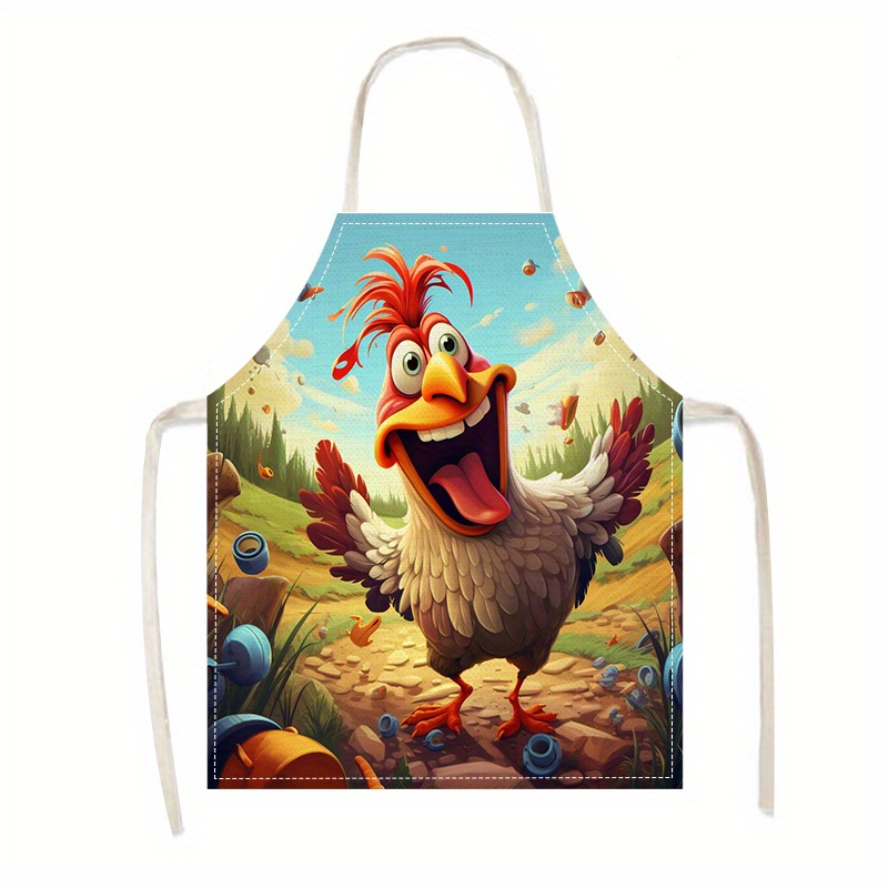 

Cartoon Chicken Print Linen Apron - 100% Linen Woven Fabric, Fashionable Home Kitchen Cooking Baking Gardening Cleaning Supplies, Oil-resistant Work Apron