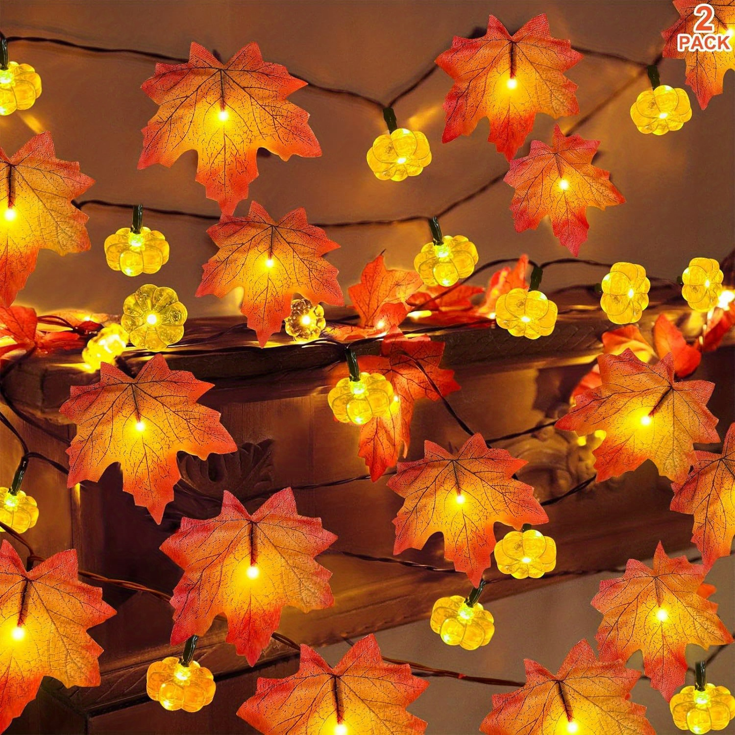 

2pcs Thanksgiving Pumpkin Garland Lights Fall Decorations Realistic Larger Maple Leaf String Light, Total 30ft 60led Fall Lights Battery Operated Indoor Home Fall Halloween Decor(not Battery)