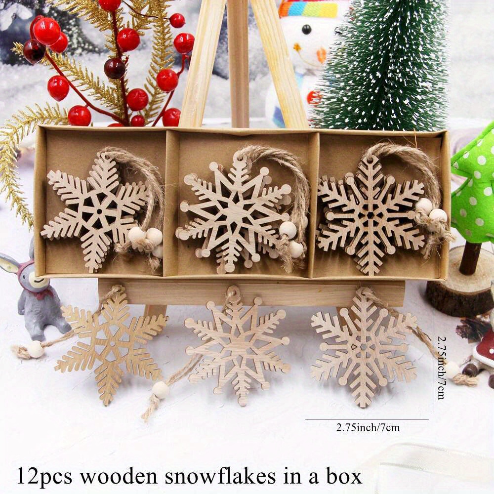 Image of 12pcs/box Wooden Hollow Snowflake Ornament Vintage Hanging Pendants For Merry Xmas Noel Tree Decorations Gifts Supply Halloween Decorations Christmas Decorations