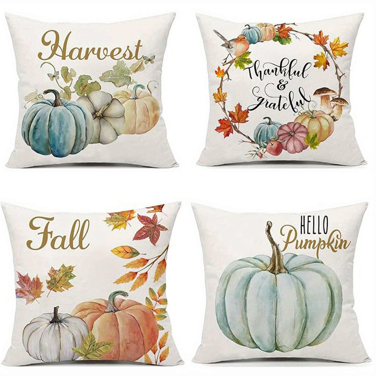 

4pcs Fall Pillowcases, 18x18 Inch, Pumpkin Autumn Harvest Watercolor Bird Flower Farmhouse Throw Pillowcase, Sofa Sunflower Leaf Thanksgiving Outdoor Cushion Cover, Home Decor