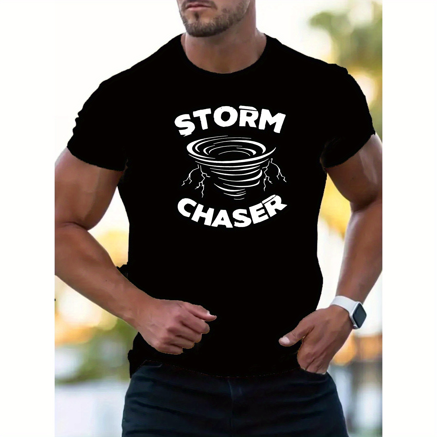 

Men's Graphic T-shirt Polyester 100 Neck Short Sleeve Casual Tee With Geometric Tornado Print For Meteorology Enthusiasts - Summer Knit Fabric Top With Slight Stretch