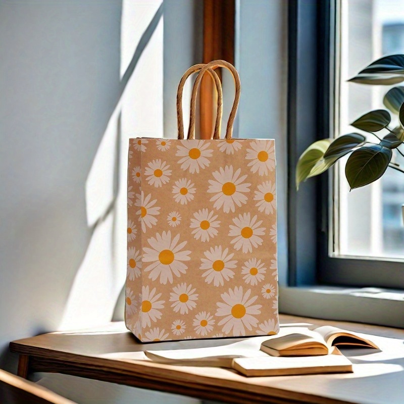 

20pcs Daisy Printed Kraft Paper Gift Bags With Handles For Party Favors, Takeaway, And Shopping