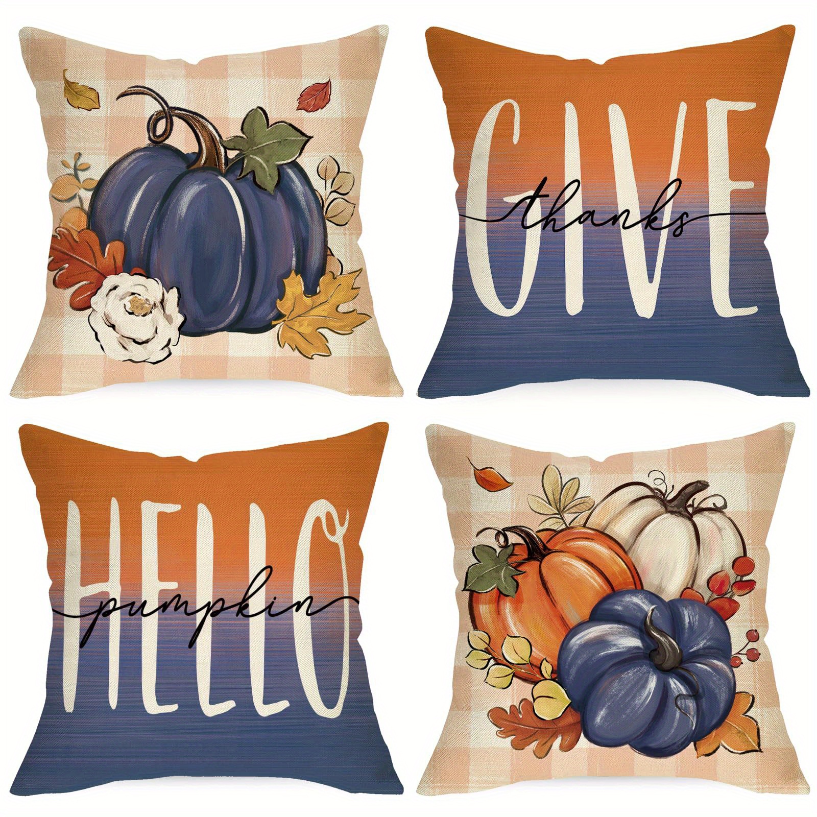 

4pcs Set Modern Linen Blend Throw Pillow Covers, Autumn-inspired Pumpkin & Maple Leaf Designs, Perfect For Living Room, Bedroom, And Outdoor Spaces - Zip Closure, Machine Washable, 18x18 Inches