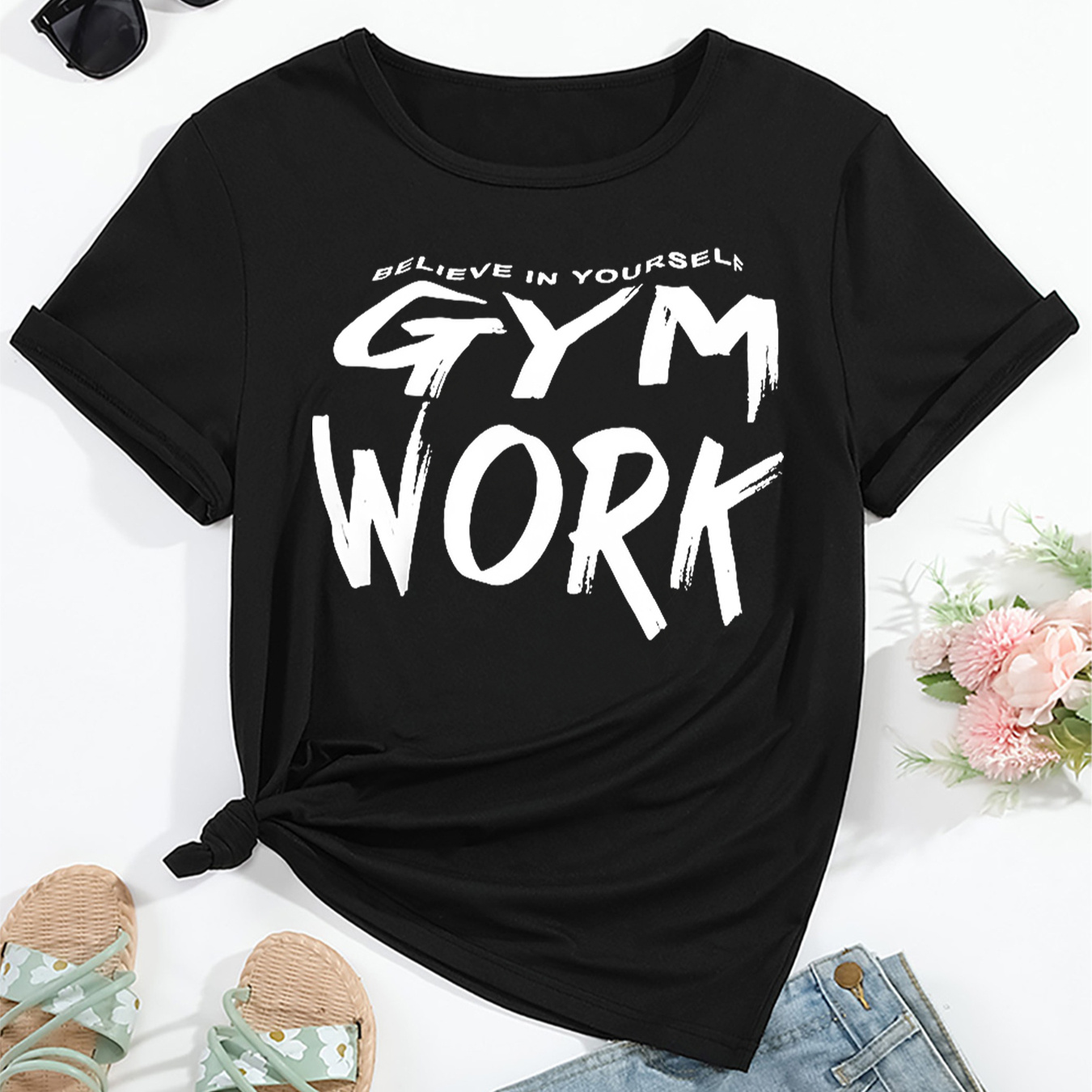 

Believe In Yourself Gym Work Print Casual T-shirt | Polyester & Elastane Blend | Crew Neck, Short Sleeve, Regular Fit - All Seasons Pullover